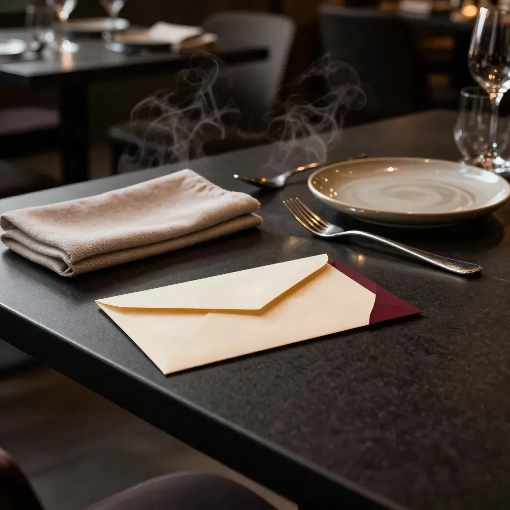 Restaurantvoucher op een donkere tafel met bord, bestek, servet en opstijgende stoom