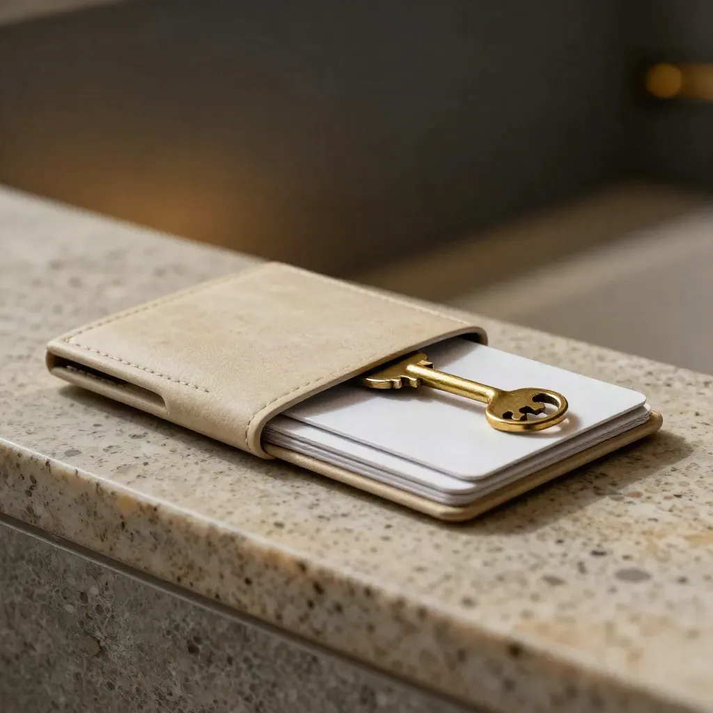 Limestone hotelset met sleutel, sleutelkaart en warme gouden details op donkere steen.