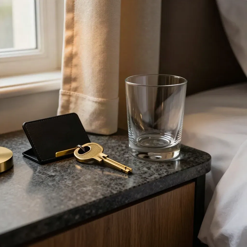Hotelkit voor Düsseldorf Altstadt met sleutel, hoes en gordijnlint naast een bedrand