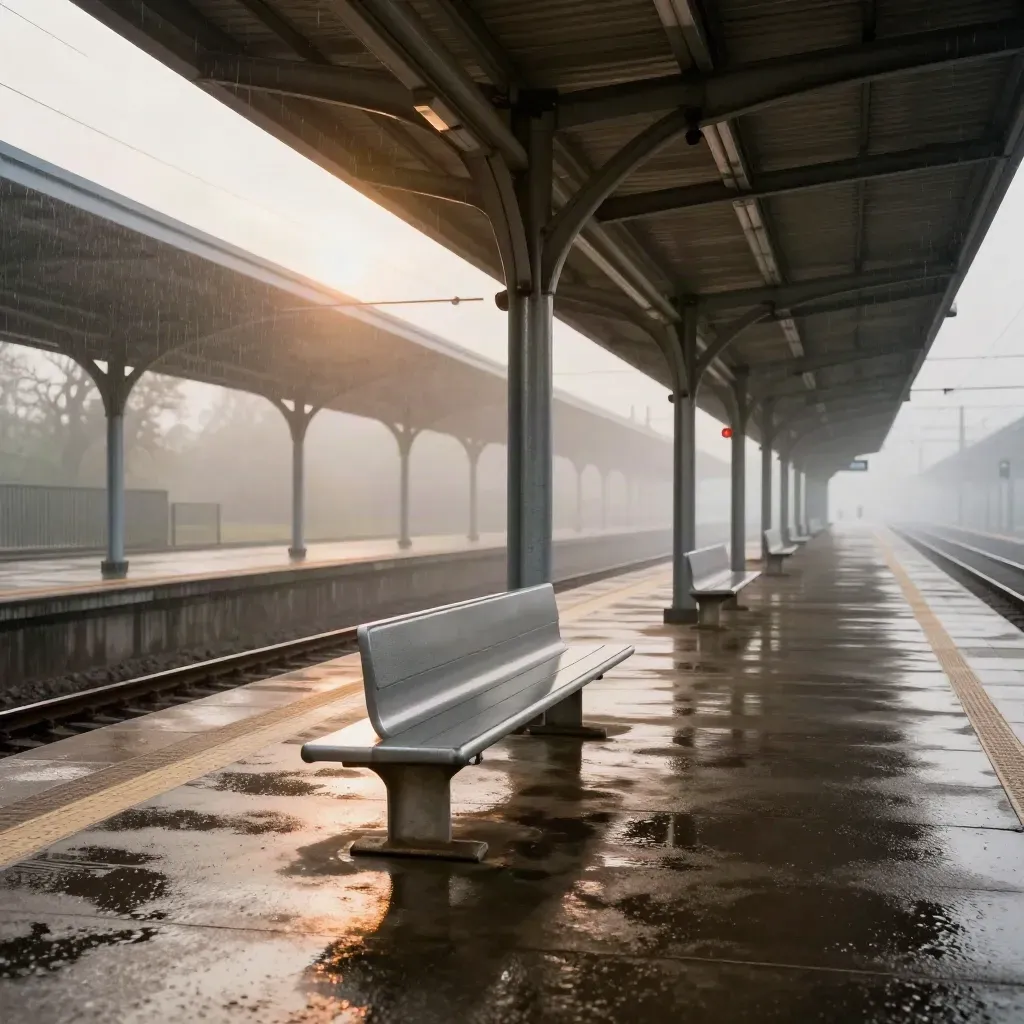 Leeg treinperron met natte rails, stalen banken en mist onder een canopy in de regen